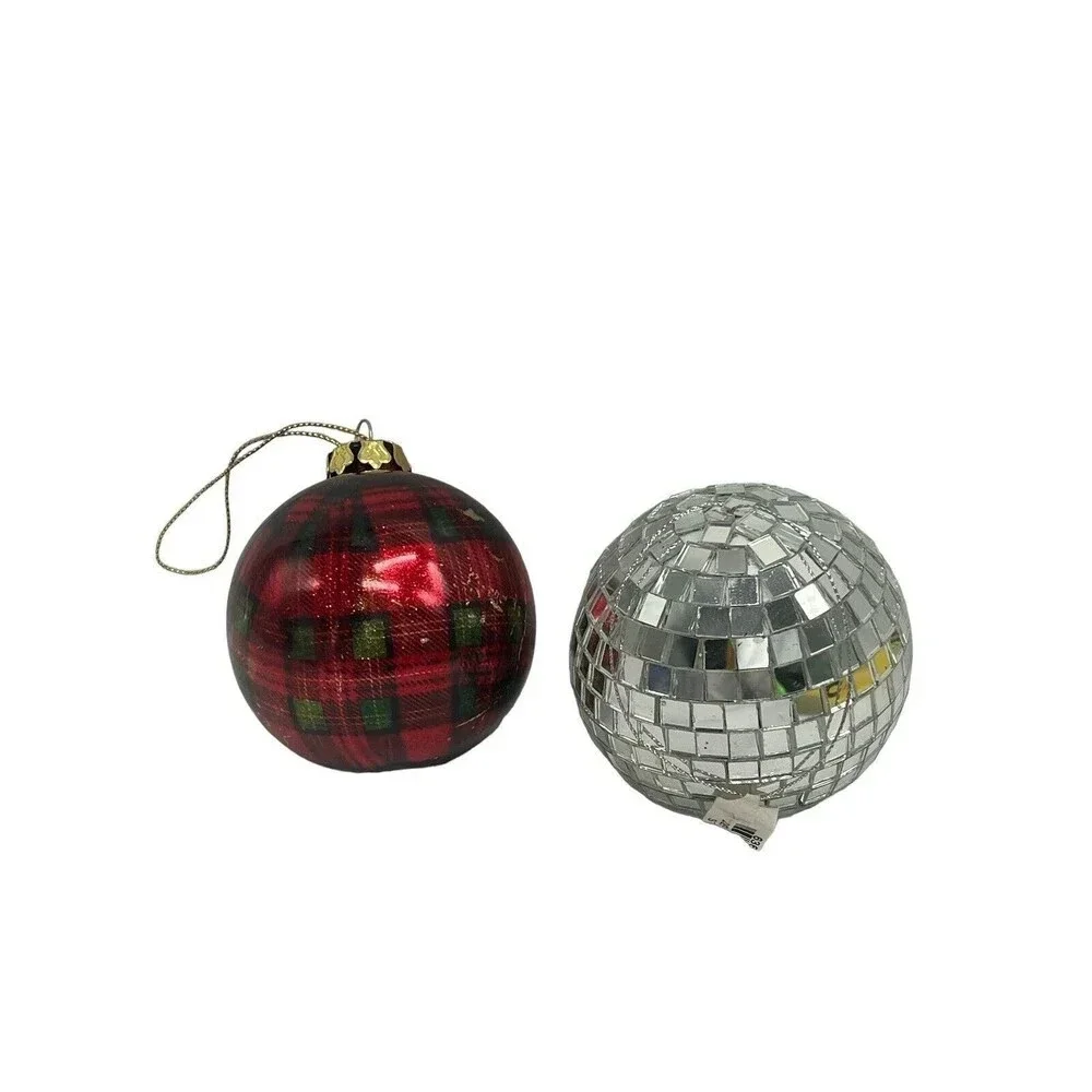 2 Hanging Silver Disco Ball Mirror and Plaid Ball Christmas Tree Ornament